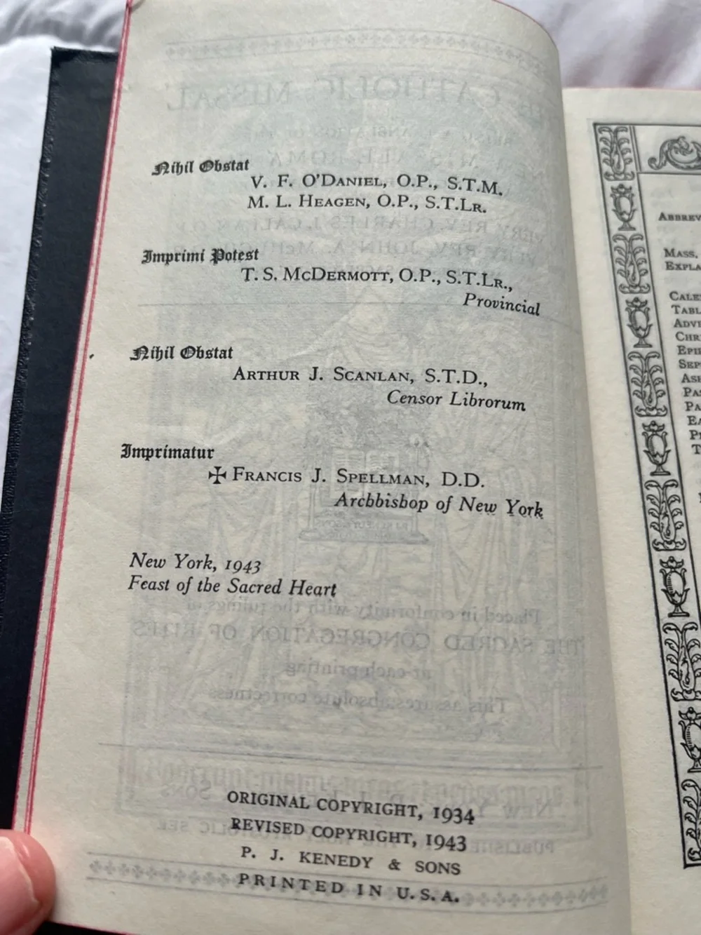 1943 Vintage Catholic Missal/Prayer Book Hardcover P.J Kennedy & Sons USA Print